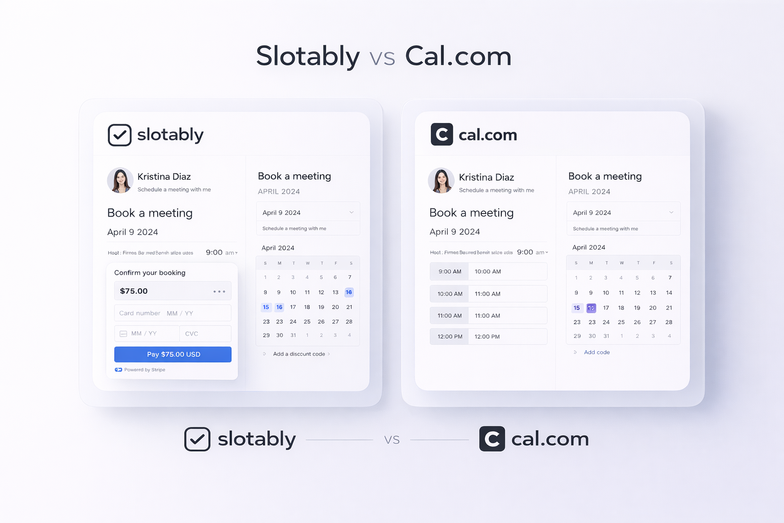 An illustration showing the Slotably vs Cal.com comparison with icons representing money and scheduling.